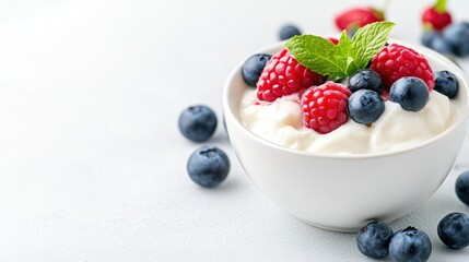 A bowl of creamy yogurt topped with fresh raspberries and blueberries, set against a clean white background, and vibrant and healthy breakfast concept.