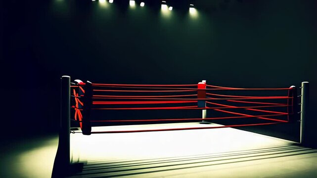 Well-lit boxing ring stands alone under rows of ceiling lights in a dark arena, creating a sense of anticipation and dramatic tension Concept of discipline, inner strength, and pre-fight focus