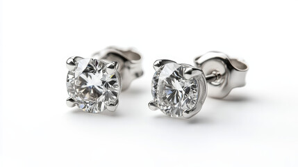 Elegant Sparkle: Pair of Silver Diamond Earrings Isolated on White

