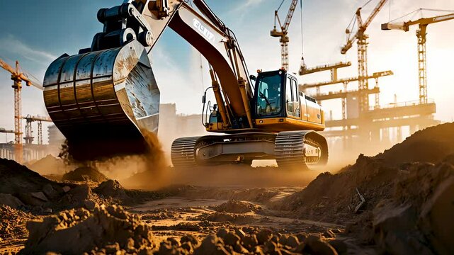 Large excavator digging at construction site with cranes and dirt mounds