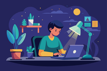 Fototapeta premium A focused individual works late at night, illuminated by a desk lamp in a personalized workspace filled with plants, Working late Customizable Semi Flat Illustration