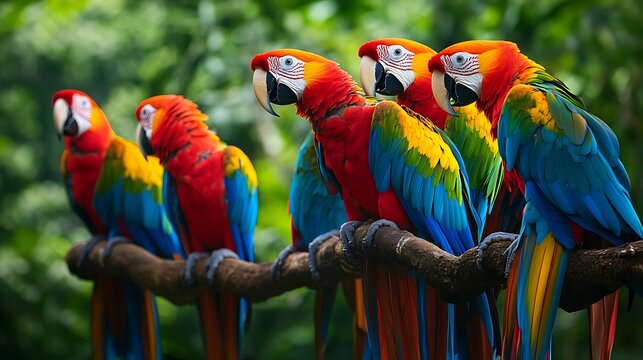 Brilliantly colored macaw parrots amidst lush Amazon vegetation