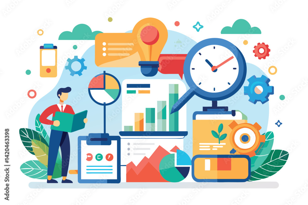 Poster an individual analyzes various charts and graphs while surrounded by tools related to work efficienc