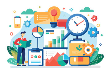 An individual analyzes various charts and graphs while surrounded by tools related to work efficiency, Working time trending