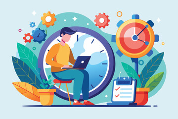 Obraz premium A focused individual sits at a laptop, managing tasks in a vibrant workspace surrounded by clocks and plants, working with time constraints