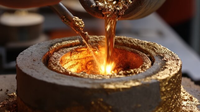 Gold pouring into a crucible. Molten gold being added to a heated furnace