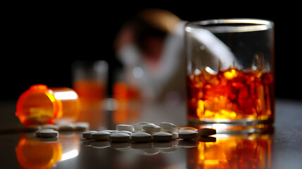 Close-up of scattered pills and a glass of liquor, with a blurred figure in the background, suggesting substance abuse or addiction, a serious health concern