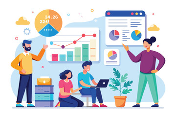 A group of colleagues collaborates on a work presentation discussing time management and analytics, Work presentation with reference to time trending