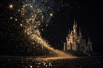 Fototapeta premium Sparkling Glitter Flows Towards a Magical Castle at Night Generative AI