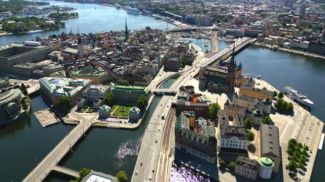 Aerial view of the Gamla stan island and Riddarholmen island, on a sunny day, Sweden