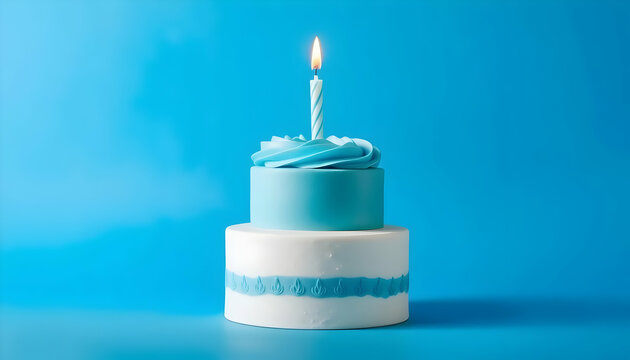 Two-Tiered Birthday Cake with Blue Frosting and Candle on Top