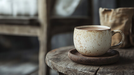 Rustic Warmth: Close-Up of Hot Chocolate in a Cozy Cup

