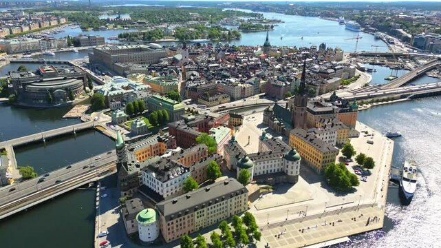 Ascending aerial view of the Riddarholmen island and Gamla stan island in Stockholm, Sweden