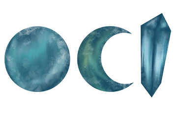 Wonderful clipart, set of delicate blue and green full moon, moon crescent, magic crystal. Hand made digital illustration. For the design, decoration and composition of postcards, posters, stickers © Ekaterina