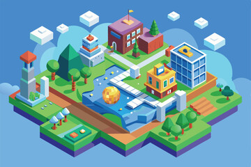 Explore a colorful isometric world layout with diverse buildings, a pond, and lush greenery all around, World Customizable Isometric Illustration