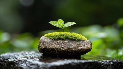 High-detailed mossy stone near forest stream, reflecting bright ambient daylight, fine texture with water droplets, untouched nature mood, compositionally balanced