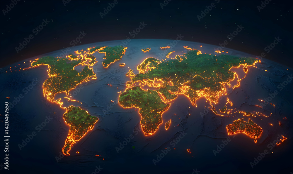 Poster global map with illuminated connectivity and payment interfaces