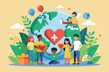 A vibrant illustration showcasing individuals promoting compassion and humanitarian efforts globally, World humanitarian day Customizable Flat Illustration