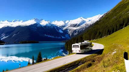 Recreational vehicle on road beside blue lake with snowy alpine peaks under clear sky Concept of wilderness travel and scenic freedom - Powered by Adobe