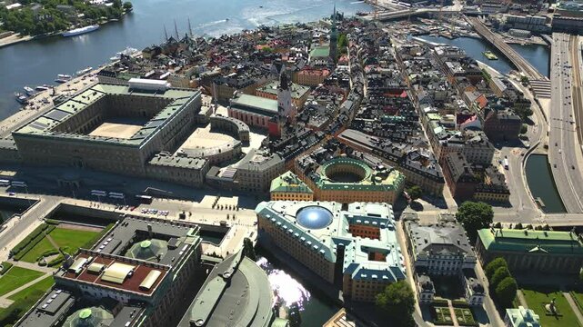 Top-down aerial view of the Gamla stan island, in the city of Stockholm, Sweden on a clear sunny day