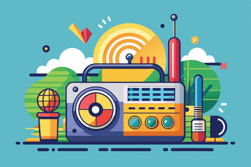 Naklejka premium This vibrant design showcases a retro radio surrounded by colorful elements celebrating World Radio Day, World radio day Customizable Semi Flat Illustration