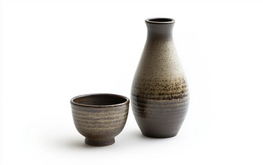 Japanese Sake Bottle and Cup Set" Isolated on white background.