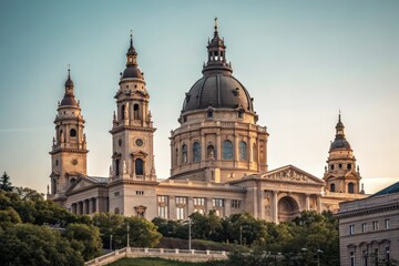Fototapeta premium Grand Building With Domes and Towers Under the Sunset Sky Generative AI