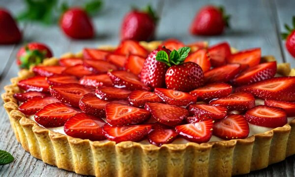 Delicious strawberry tart with fresh berries and mint garnish, on wooden table