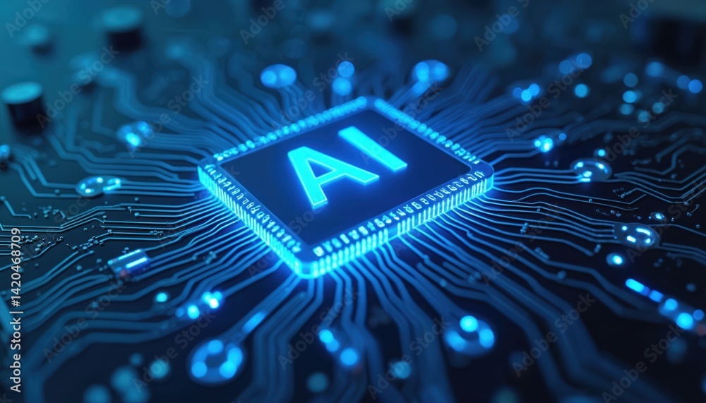 Poster glowing ai chip technology. bright blue computer processor with circuits. artificial intelligence, m