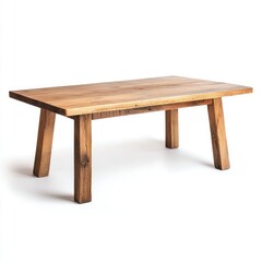 A rustic wooden table with a rectangular top and thick legs on a white background in a studio setting