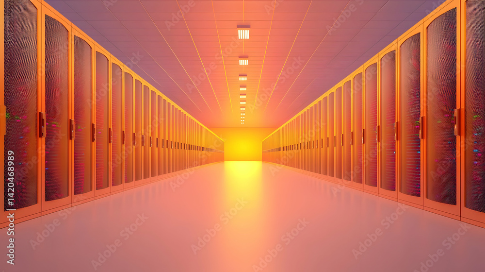 Poster secure data center with illuminated pathway and server racks