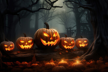 Pumpkins On Wood In Spooky Forest At Night – Halloween