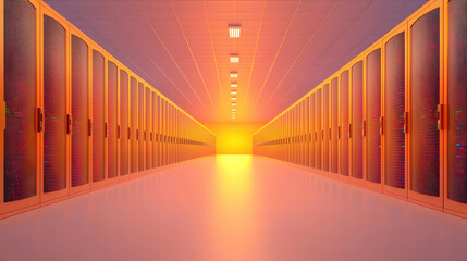 Secure Data Center with Illuminated Pathway and Server Racks
