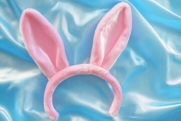 Pink bunny ears headband on a light blue satin background.