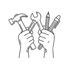 Cartoon hand holding tools, pen, and pencil, symbolizing various professions for Labor Day. Strong and unified design, isolated on white background. Tribute to workers of all kinds.

