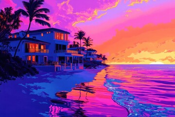 Vibrant Neon Artwork of Miami Beach Homes at Sunset - A Tropical Travel Paradise