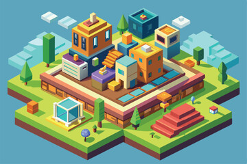 Fototapeta premium A vibrant isometric landscape showcases colorful buildings, trees, and structured terrain elements, Www Customizable Isometric Illustration