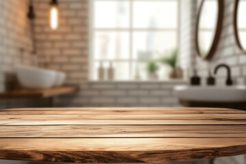 Stylish Bathroom Mock-Up with Empty Wooden Table and Blurred Sink and Mirror Ambiance