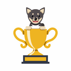 Cartoon character shiba inu dog with gold trophy cup award for design