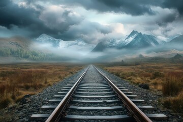 Fototapeta premium Tracks of Adventure: Scenic Railway Pathway Toward Misty Mountain Peaks Under a Cloudy Sky