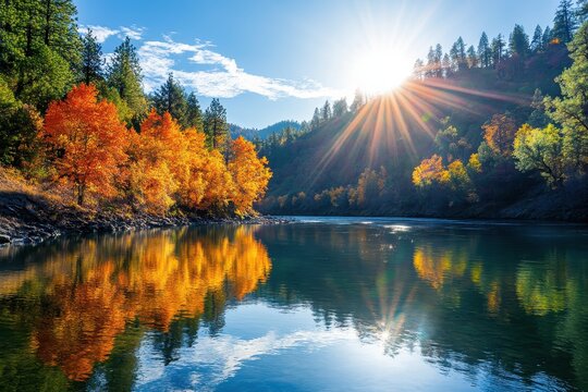 Tranquil Autumn River: Captivating Fall Hues Reflecting in the Rogue River During an Adventurous Day with Friends