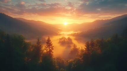 Obraz premium Photo Of Mountain Valley At Sunrise With Soft Fog And Golden Light