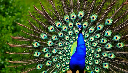 Naklejka premium Vibrant Peacock Displaying Its Colorful Feathered Tail in Nature