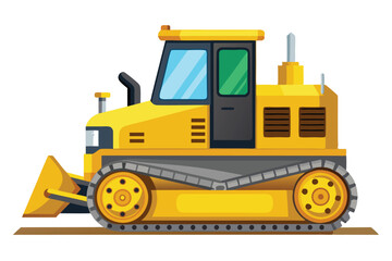 A bright yellow bulldozer stands against a white backdrop, showcasing its construction capabilities, Yellow bulldozer on a white background, depicting construction equipment,