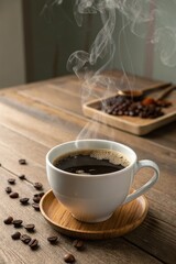 Steaming Coffee Cup on a Wooden Table With Coffee Beans Generative AI