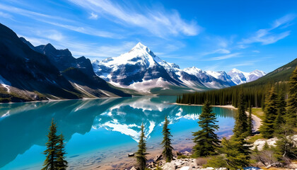 Majestic Mountain Landscape with Crystal Clear Lake and Blue Sky