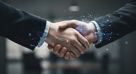 Handshake with glowing digital overlay representing remote work collaboration