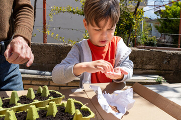 Child holding seeds ready to plant with adult guidance in eco gardening