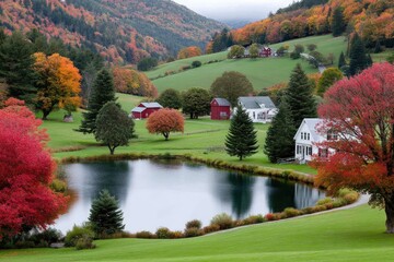 A panoramic view of the farm, showcasing its rolling hills and colorful autumn foliage. The barns stand out against the green pastures