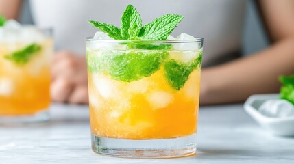 Refreshing, amber-colored cocktail garnished with fresh mint.  Icy cubes add a cool touch
